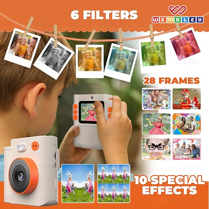 Wembley Kids Camera Instant Print | Birthday Gift Toys for Boys & Girls 3–10 Years | Unicorn Digital Dual Lens Toddler Camera Thermal Printer | 48MP 1080P Selfie & Video | 16X Zoom 32GB SD Card -Cream