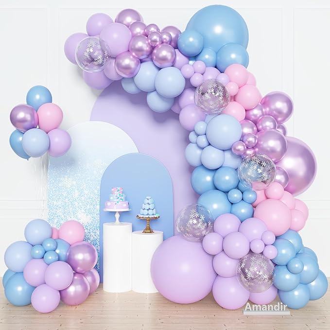 Amandir 153pcs Pink Purple Blue Balloons Arch Garland Kit, Different Sizes 18 12 10 5 inch Metallic Pastel Iridescent Balloon for Girl Mermaid Snowflake Princess Birthday Party Baby Shower Decorations