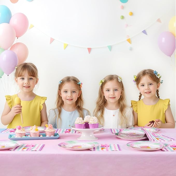 WERNNSAI Ice Cream Party Decorations - 200 PCS Ice Cream Plates Napkins Forks Pink Sweet Themed Birthday Supplies for Kids Girls Birthday Pool Summer Party Serves 50 Guests