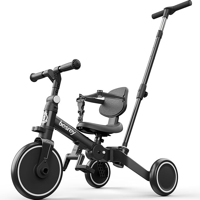 besrey 4 in 1 Toddler Bike, Toddler Tricycle for 1-3 Year Old, Trike with Push Handle, Backrest and Safety Belt, Birthday Gifts and Toys for Boys and Girls, Balance Bike (Black)