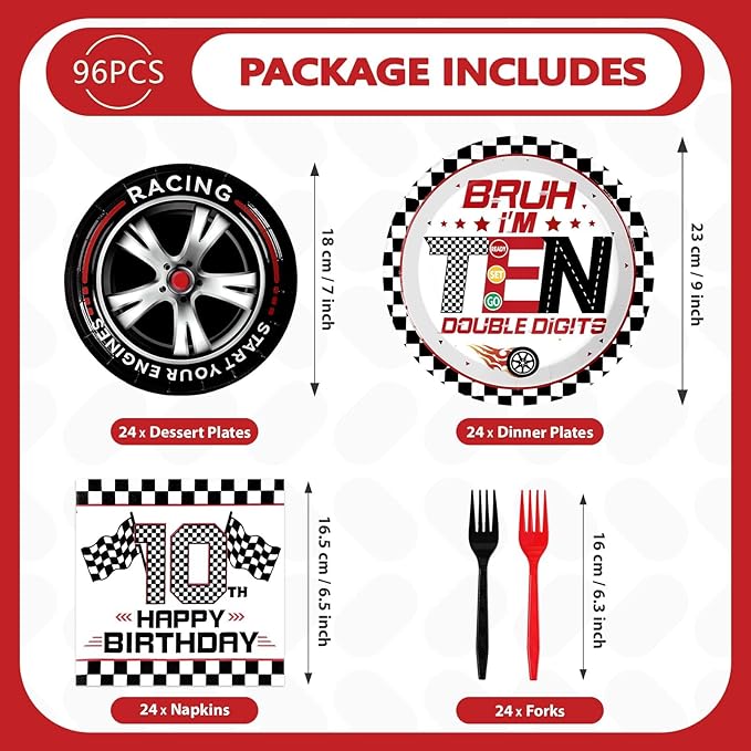 Grencian 96Pcs Race Car 10th Birthday Party Supplies Bruh I’m Ten Plates and Napkins Racing Car Double Digits Tableware for 10 year old Boys Racing Car Birthday Party Decorations Serve 24
