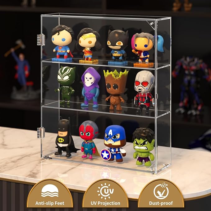 NIUBEE Acrylic Display Case, Clear Display Case for Funko Pop Figures, Wall Mounted or Desktop Dustproof Display Cabinet Box for Collectibles ,Rock,Crystals,Mini Toys,Amiibo (3 Tiers)