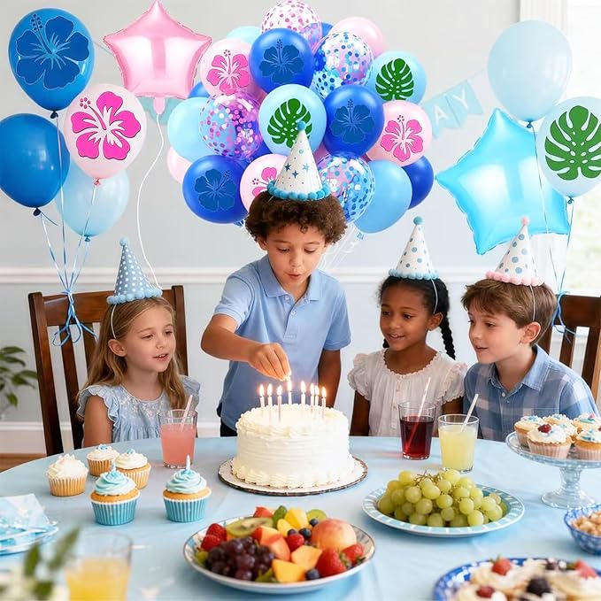 Blue Pink Light Blue Balloon 54Pcs 12 Inch，Cute Print Balloons for Cartoon Themed Birthday Party Decorations Boys Girls Hawaiian Gatherings Party Supplies