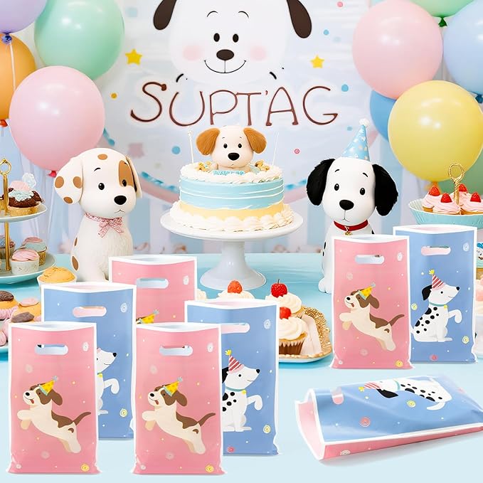 3sscha 50Pcs Pet Dog Birthday Party Favor Bag - Puppy Retro Plastic Waterproof Goodie Bags Cute Animal Vintage Rectangular Party Gift Bulk for Kids Baby Shower Decoration Supplies