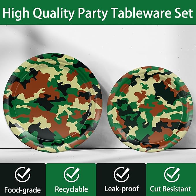 206pcs Camo Party Decorations Paper Plates Napkins Camouflage Tableware Set Disposable Cups Forks Knives Spoons with Camo Tablecloth Banner for Boy Camouflage Hunting Military Birthday Party Supplies
