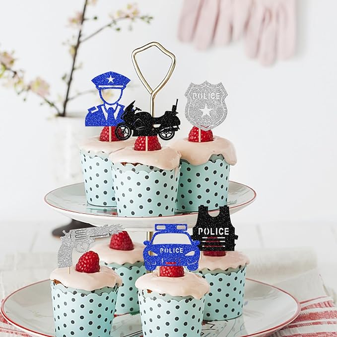 YCTHUNFISH 24 Pack Police Cupcake Toppers Glitter Policeman Police Officer Cupcake Picks Police Car Police Emblem Cake Decorations for Police Theme Kids Birthday Party Supplies Black Silver Blue