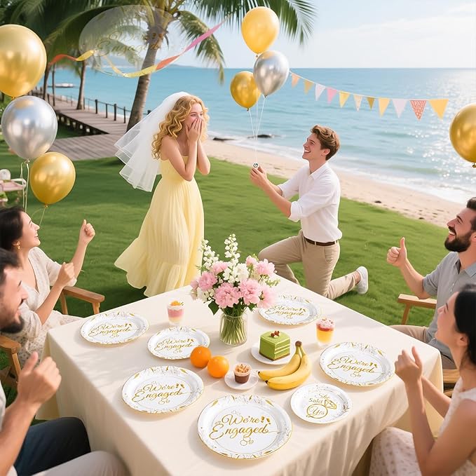 Grencian 96Pcs Happy Engagement Party Supplies White Gold Diamond Ring Plates Napkins She Said Yes Party Disposable Dinnerware for Wedding Bridal Shower Just Engaged Decoration Serve 24