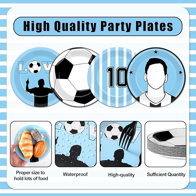 48Pcs Soccer Paper Plates Soccer Star Disposable Dessert Plates Supplies 7Inch Blue and White Sports Ball Plate Sport Party Dinnerware Decorations for Birthday Baby Shower Party Decorations