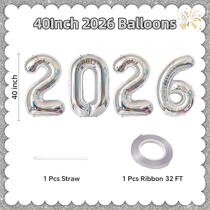 KALOR 42 Inch 2026 Silver Foil Mylar Number Balloons, 2026 New Years Decorations for 2026 Happy New Year Eve and Graduations Party Supplies