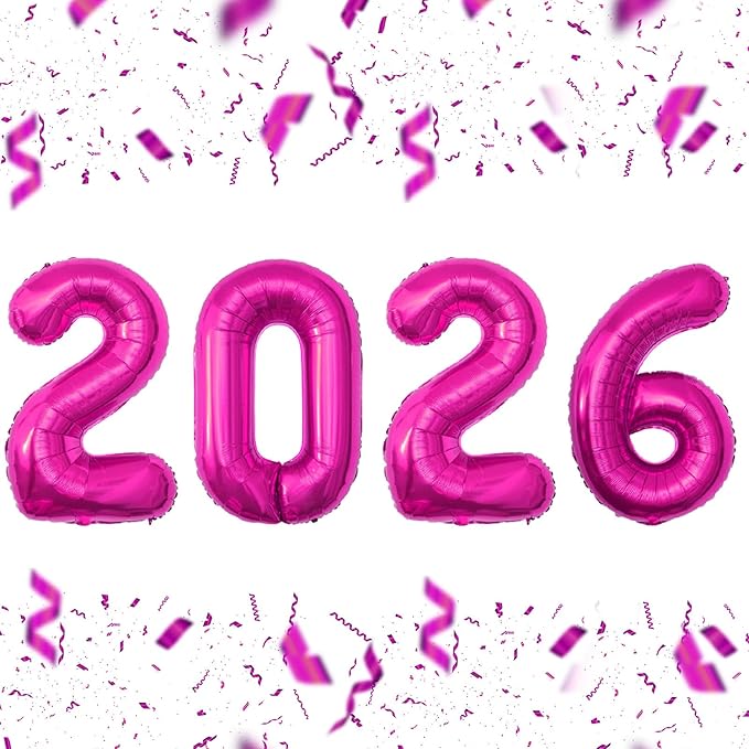 KALOR 32 Inch 2026 Hot Pink Foil Number Balloons, 2026 New Years Decorations for 2026 Happy New Year Eve and Graduations Party Supplies
