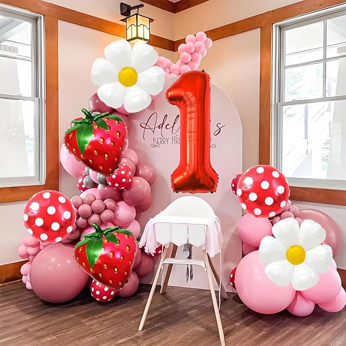 Strawberry Balloons Berry First Birthday Decor, 40 Inch Mylar Red One Balloons, Strawberry Balloon for Berry First Birthday Balloons for Girls, Strawberry 1st Birthday Decorations
