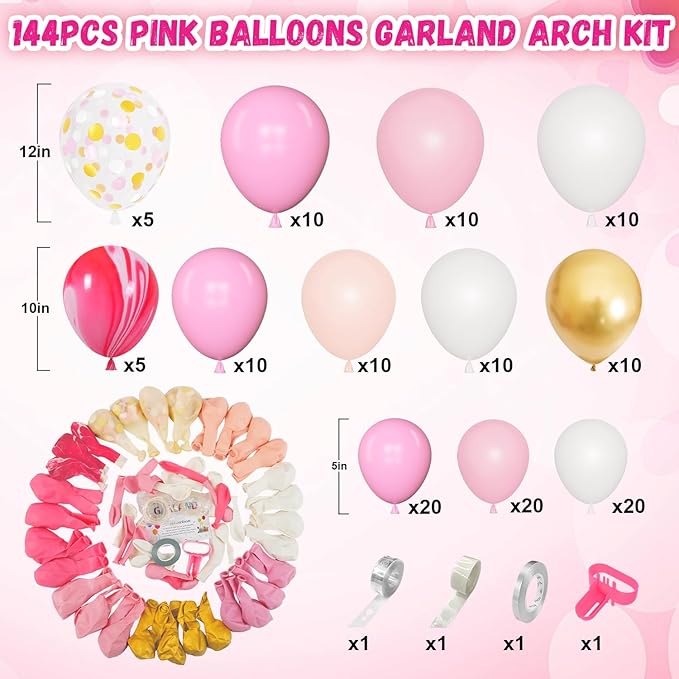 Amandir 144Pcs Pink Balloons Garland Arch Kit Light Pink Gold White Confetti Latex Metallic Balloons for Valentines Day Girl Birthday Baby Shower Wedding Graduation Party Decorations Supplies