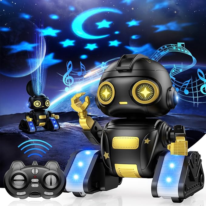 BAIWU Robot Toys for Kids,RC Robot with Gesture Sensing & LED Eyes,Star Projector and Music,Easter Gifts for 6+ Years Boys(Black)