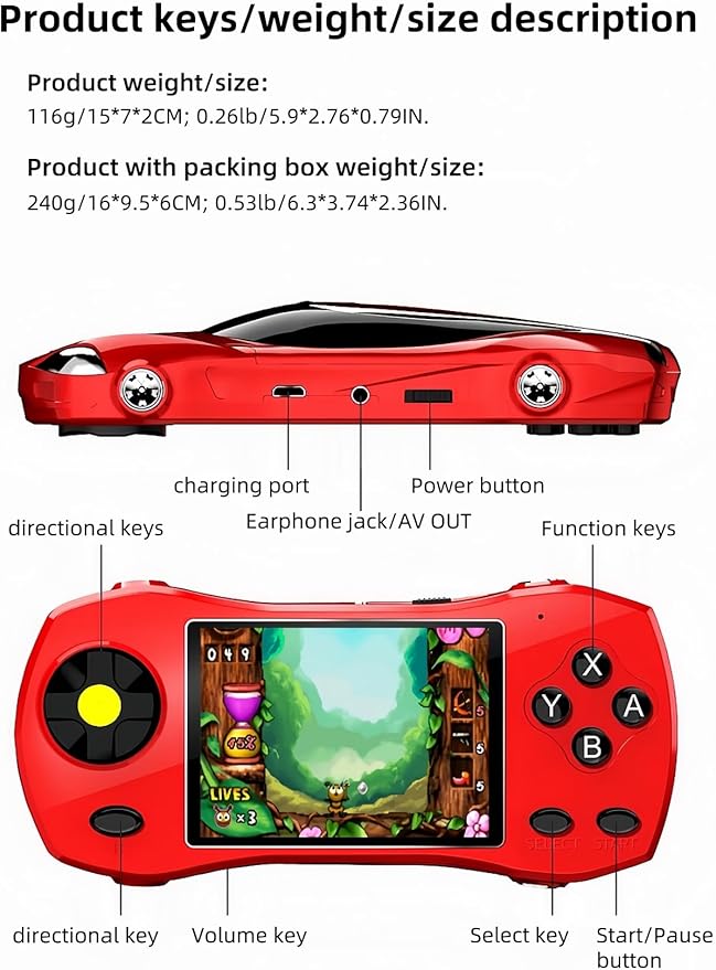 3.0" Sports car Shape Handheld Game Console Built-in 250 Action/Fighting/Sports/Racing/Puzzle Retro Video Games Kid's Portable Electronic Puzzle Toy Children's Birthday (Blue)