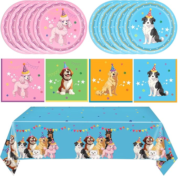 41Pcs Pet Dog Birthday Party Supplies Retro Dog Paper Plates and Napkins Colorful Puppy Birthday Plastic Tablecloth Tableware Disposable Pet Dinnerware Decor Set for Kids Party Baby Shower Table Decor