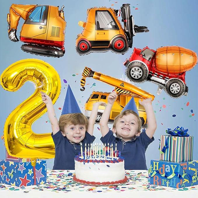 Construction Birthday Party Supplies 2 Year Old, Large Construction Balloons 40Inch Gold Number 2 Balloons Construction Truck Foil Balloons for Boys 2nd Construction Birthday Party Decorations