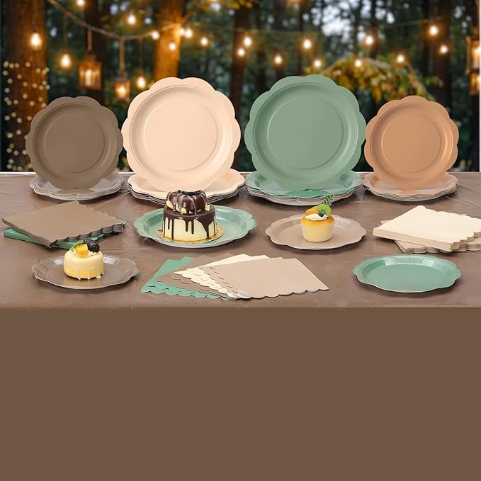LemonRoad 100 Pcs Woodland Baby Shower Decorations, Sage Green Brown Forest Paper Plates Napkins Plastic Tablecloth Set for 24, Forest Animal 7" & 9" Scalloped Plates for Safari Jungle Party Supplies