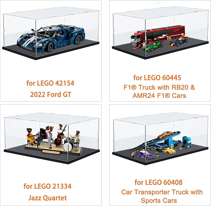 Thickened Clear Acrylic Display Case for Lego 60444 60445 42154 60408 21334 76966 Collectibles, Transparent Box Dustproof Protection with Wood-Plastic Base & Light, Black Inside 19.7x7.9x7.9 inch