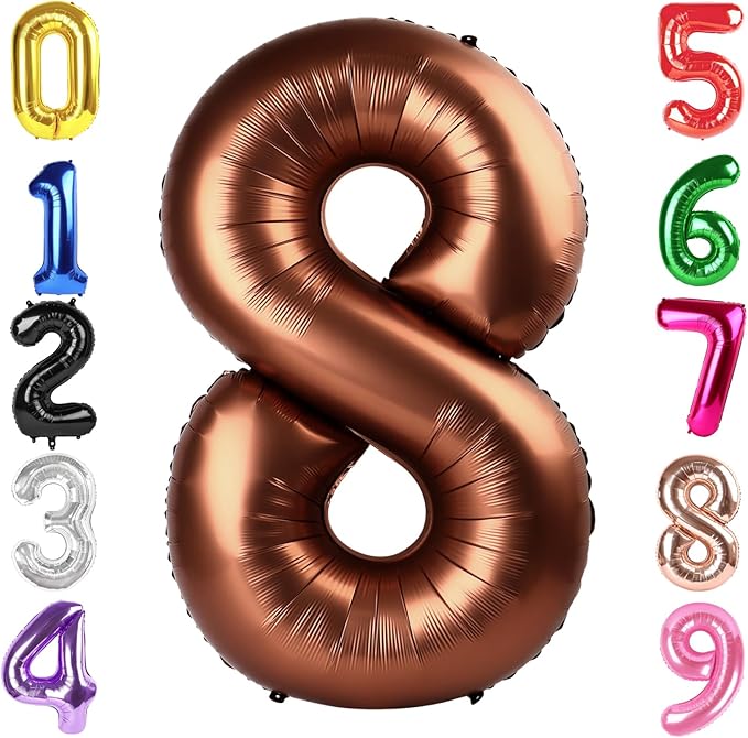40 Inch Coffee Brown Number 8 Balloon, Giant 8 Number Balloons for 8th Birthday Decorations, Party Supplies for Baby Boy Girl, Coffee Brown Party Decor