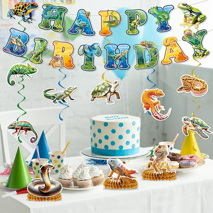 Reptile Birthday Party Decorations Include Reptile Jungle Swamp Happy Birthday Banners Hanging Swirls Honeycomb Centerpieces Safari Animals Lizard Snake Alligator Turtle Party Supplies