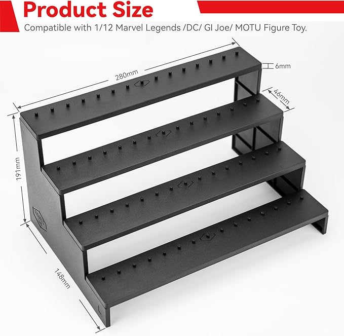 SIXPOINTS 6 inch Action Figure Display Shelf With Peg,4 Tier Toy Collectibles Organizer, Compatible with 1/12 Marvel Legends /DC/ GI Joe/ MOTU Figure Toy (6 inch-Black)