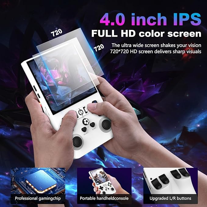 R36MAX Retro Handheld Game Console, 4.0 Inch 720x720 IPS Screen, 64GB Built-in 18,000+ Classic Game, Portable Hand Held Open Source Linux System, 4000mAh Battery Retro Gaming Console(White 64GB)