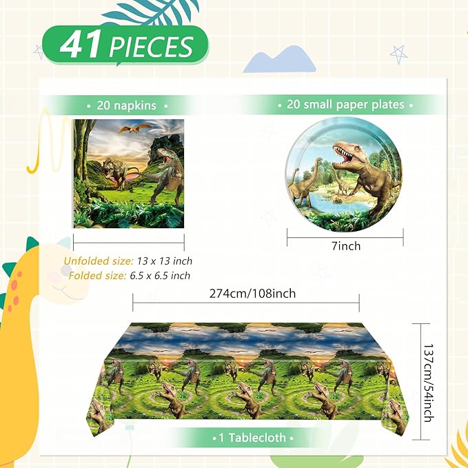 41Pcs Dinosaur Birthday Party Decorations,Dino Party Decorations Tableware Set Jurassic Dinosaur Paper Plates Napkins Tablecloth丨Boys Kids Baby Shower Jurassic Theme Birthday Party Decor,Serve 20