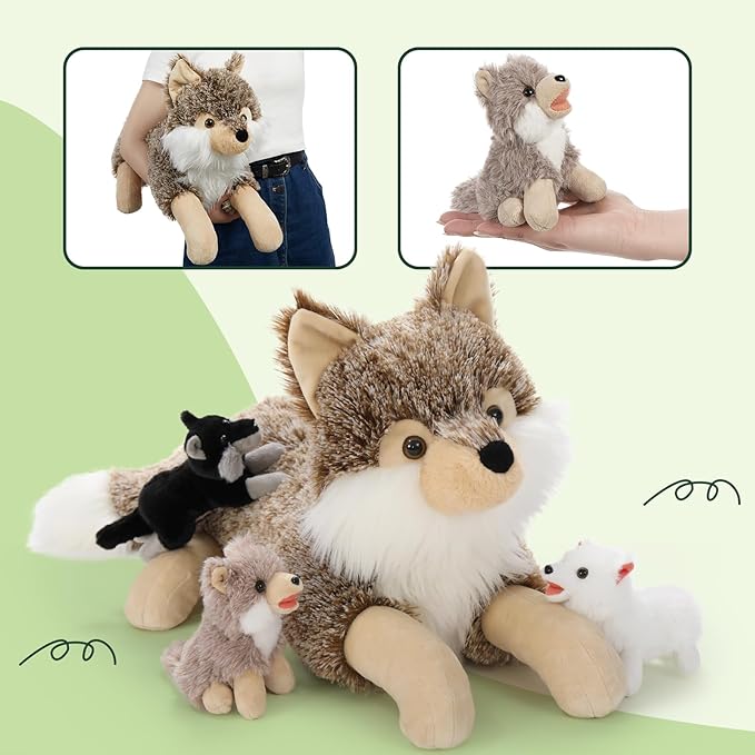 4Pcs Wolf Stuffed Animals Set, Grey Mommy Wolf Plush 20 Inch with 3 Baby Wolves, Realistic Wolf Toys for Wolf Lover Party Favors, Gifts for Boys Girls Birthday