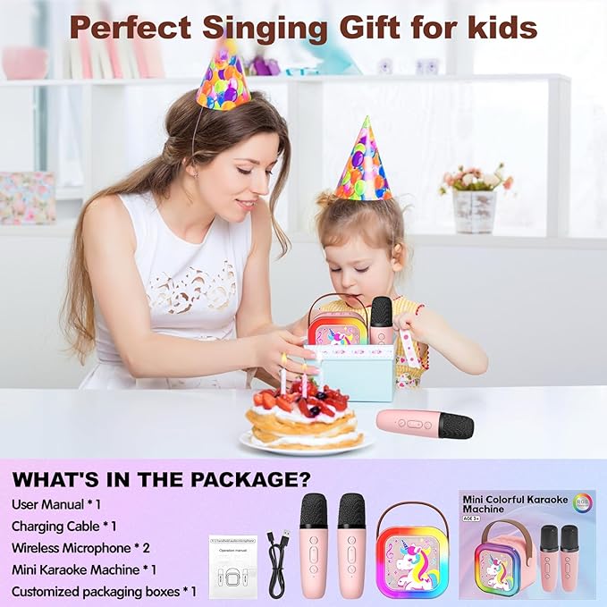 Mini Karaoke Machine with 2 Wireless Microphones, Karaoke Machine for Kids Adults, Singing Toys for Ages 3, 4, 5, 6, 7, 8 +, Best Gift for Birthday, Party, Christmas | Karaoke Machine for Girls