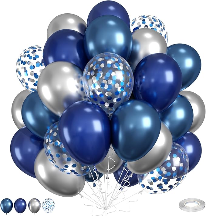 Navy Blue and Silver Balloons, 12 Inch Metallic Latex and Confetti Balloons for Birthday, Baby Shower, Graduation Decorations