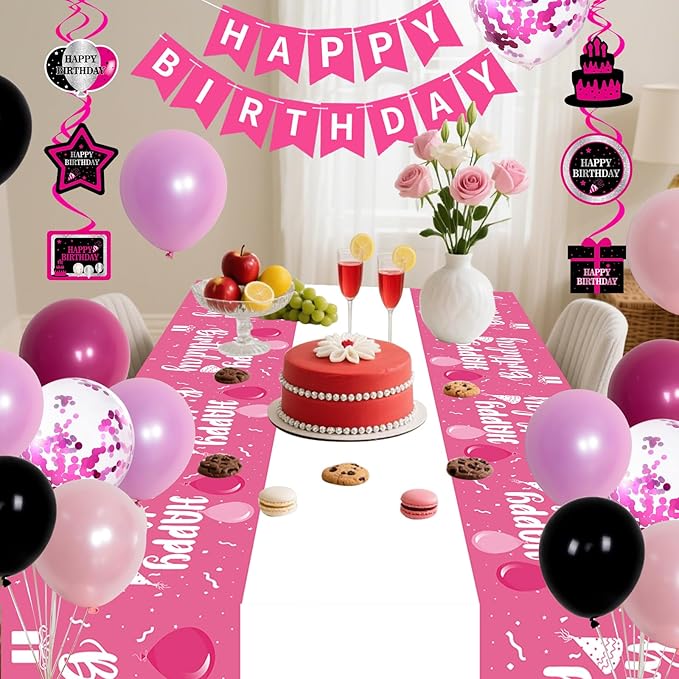 Pink and Black Birthday Decorations for Women Girls, 48Pcs Pink Party Decorations with Happy Birthday Banner Backdrop Tablecloth, Hot Pink Birthday Party Supplies with Balloons Pendants
