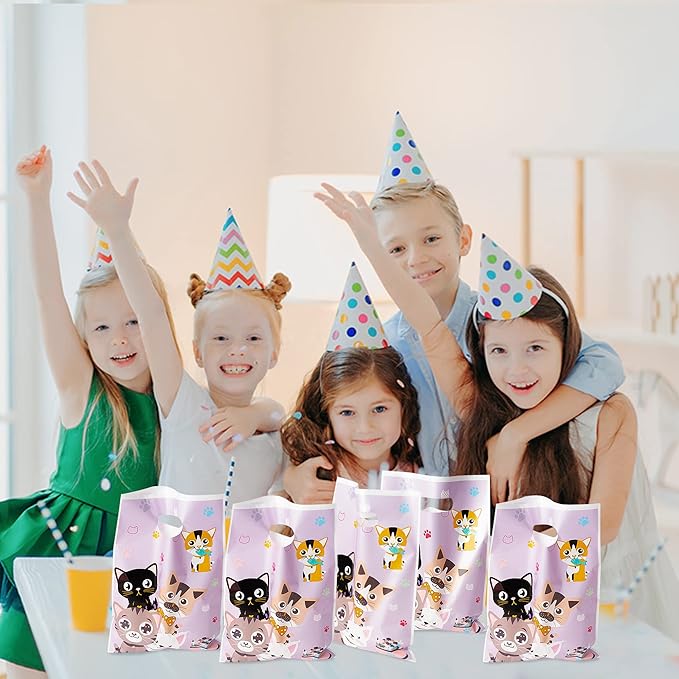 3sscha 50Pcs Cat Party Favor Bags Cute Kitten Themed Purple Waterproof Goodies Cookies Bag with Die Cut Handles Animals Pet Paw Glossy Plastic Gift Pack for Kid Birthday Party Decoration Supplies