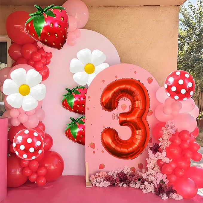 Strawberry Balloons Third Birthday Decorations for Girl, 40 Inch Mylar Red Number 3 Balloons, Strawberry Balloon for Strawberry Party Decorations, Strawberry Birthday Decorations