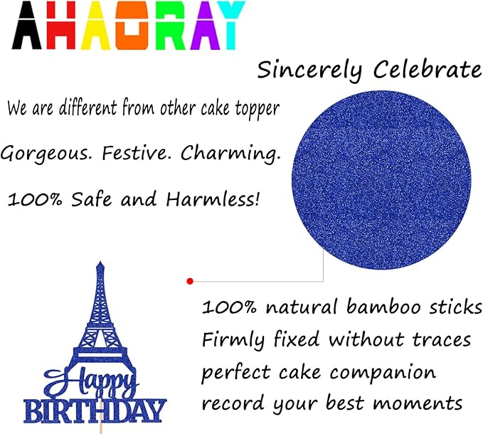 Eiffel Rower Birthday Cake Topper - Royal Blue Glitter Eiffel Rower Theme Birthday Party Cake Decoration Supply - Boy or Girl Architecture Theme Party Cake Decor Photo Prop