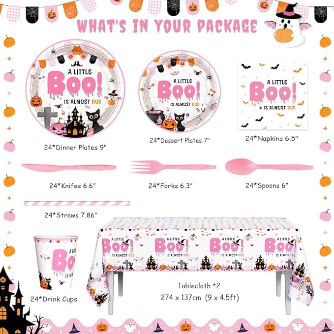 194Pcs Halloween Baby Shower Decorations for Girl A Little Boo is Almost Due Baby Shower Party Plates, Cup, Napkin, Tablecloth, Tableware, Halloween Themed Party Supplies Plates Serve 24 Guests