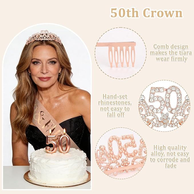 Semato 50th Birthday Decorations for Women Sash and Crown Tiara Kit Rose Gold 50th Birthday Gifts Her Party Supplies