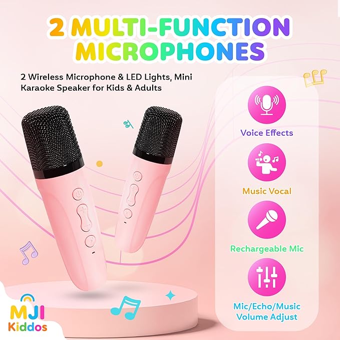 Kids Karaoke Machine with 2 Wireless Microphones, Bluetooth Speaker with Voice Changer & LED Lights, Portable Singing Toy Gift for Boys & Girls Ages 3–12