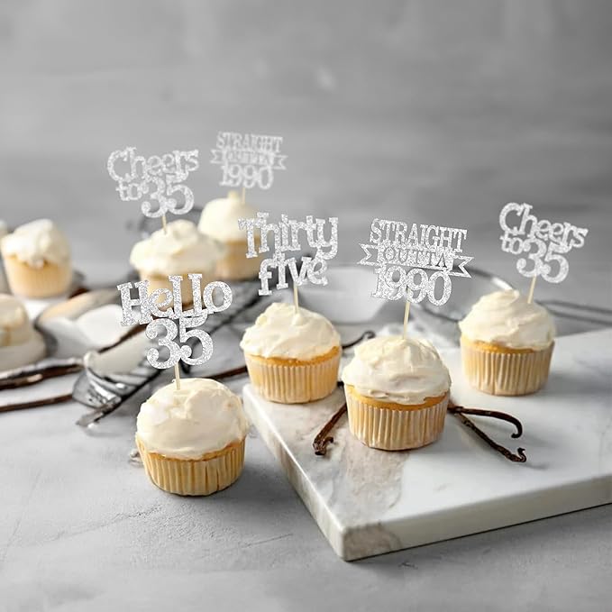 Ephlyn 24Pcs Happy 35th Birthday Cupcake Toppers Silver Thirty Five Cupcake Picks Hello 35 Cheers to 35 Years Birthday Cake Decorations for 35th Birthday Anniversary Party Decor Supplies