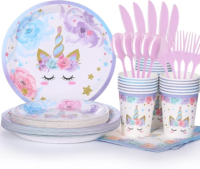 Unicorn Birthday Party Decorations Rainbow Unicorn Plates and Napkin Party Supplies for Girls Birthday Decor Afternoon Tea Pool Garden Party Baby Shower,Serves 24