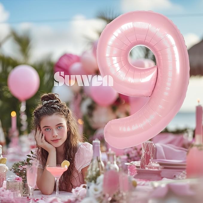 SUWEN 40 Inch Pink Large 9 Number Balloons Big Foil Helium Number Balloons 0-9 Jumbo Happy 9th Mylar Birthday Party Decorations for Girl Anniversary Party Supplies