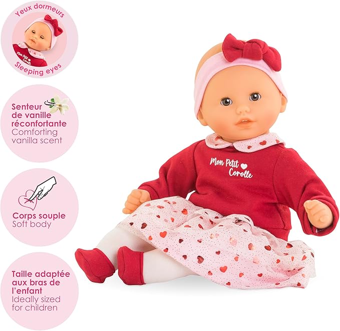 Corolle Margaux Petals - 12" Soft Boy Baby Doll with Vanilla Scent, Pink and Red Hearts Outfit & Sleeping Eyes for Girls Ages 18 Months+, Cute Reborn Realistic Baby Dolls for 2 Year Old Girls