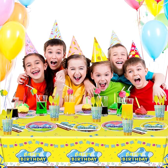 81pcs Yellow Cartoon Party Supplies Tableware Plates Napkins Cups Fork and Tablecloth，Yellow Theme Birthday Party Decoration