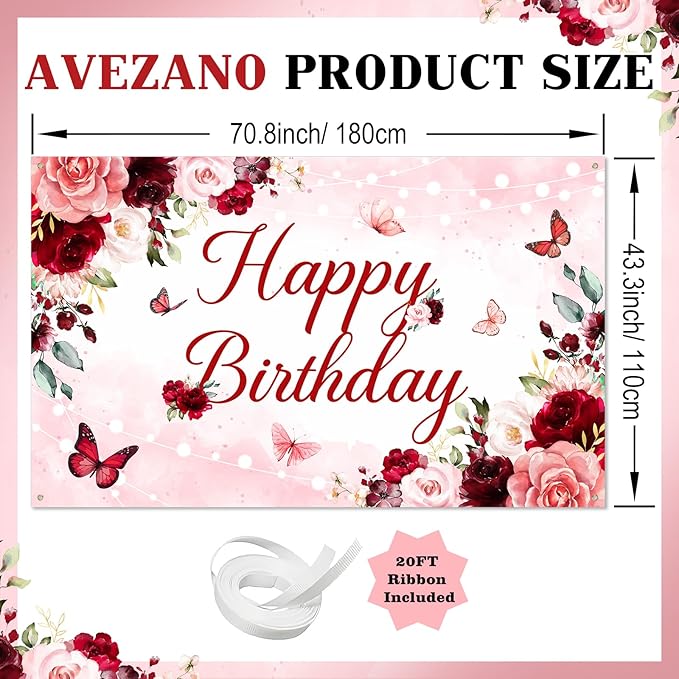 Avezano Floral Happy Birthday Banner for Women Girls Rose Gold Red Floral Birthday Party Decorations for Women Burgundy Flower B-day Party Supplies Banner (6x3.6ft)