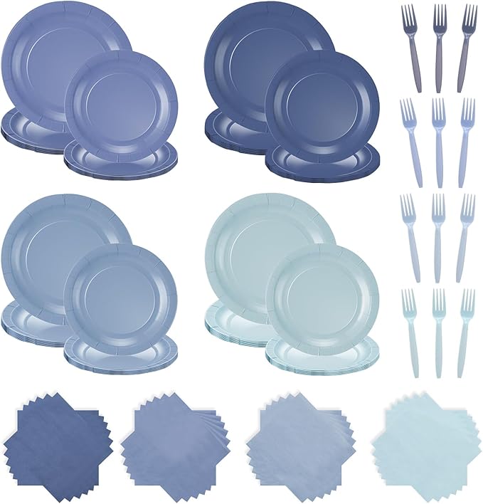 96 Pcs Dusty Blue Gradient Tableware Sets for 24 Guests Include 9 '' and 7'' Paper Party Plates Disposable Cocktail Napkins Plastic Forks Dinnerware for Birthday Wedding Tea Party Baby Shower