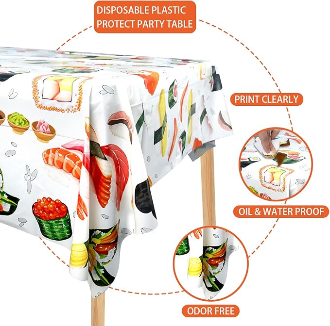 4 Pcs Sushi Party Decorations Supplies, Waterproof Rectangular Table Cover for Sushi Themed Party Supplies 52 x 108 Inch