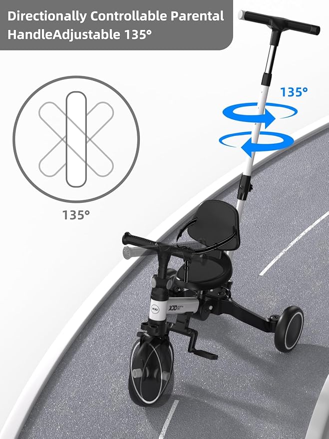 XJD Toddler Bike, 6 in 1 Folding Toddler Tricycle for 1-4 Year Old with Parental Control Handle, Balance Bike with Removable Pedal, Backrest, Adjustable Seat Height, First Birthday Gifts (White)