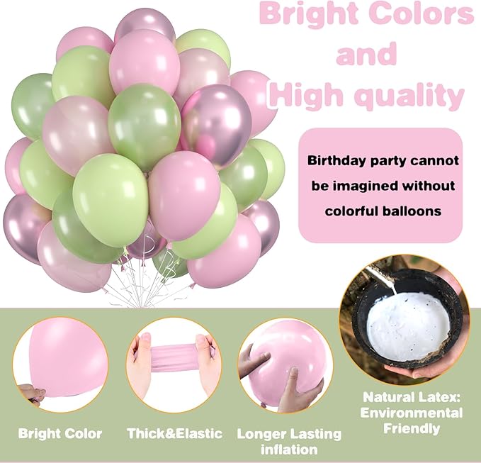 Maca Pink Metallic Pearl Balloons - 12 Inch Sage Green Pink Latex Balloons for Girls Jungle Birthday Baby Shower Wedding Party Decoration