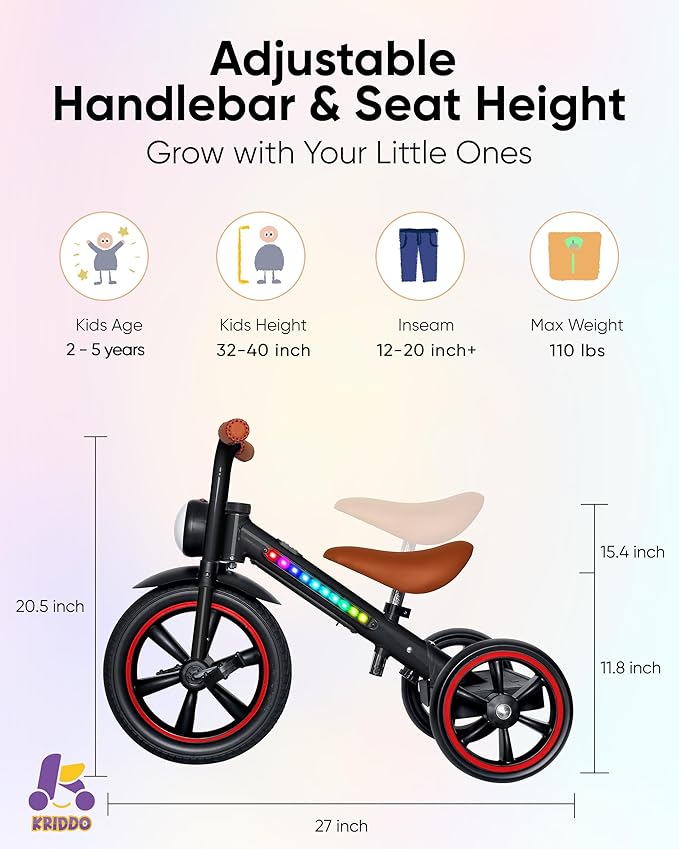 KRIDDO Kids Tricycle, 12 Inch Puncture Free Wheel w Front Light, Adjustable Seat Height, Gift for 2-5 Year Olds, BlackLED