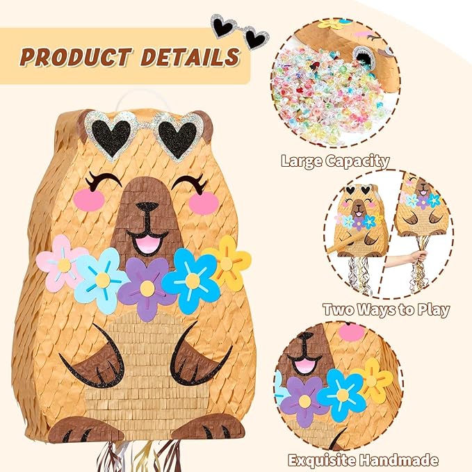 WERNNSAI Capybara Piñata - Animal theme Party Decorations Capybara Piñata with Blindfold and Bat for Kids Cute Birthday Baby Shower Decorations Classroom Party Game Supplies