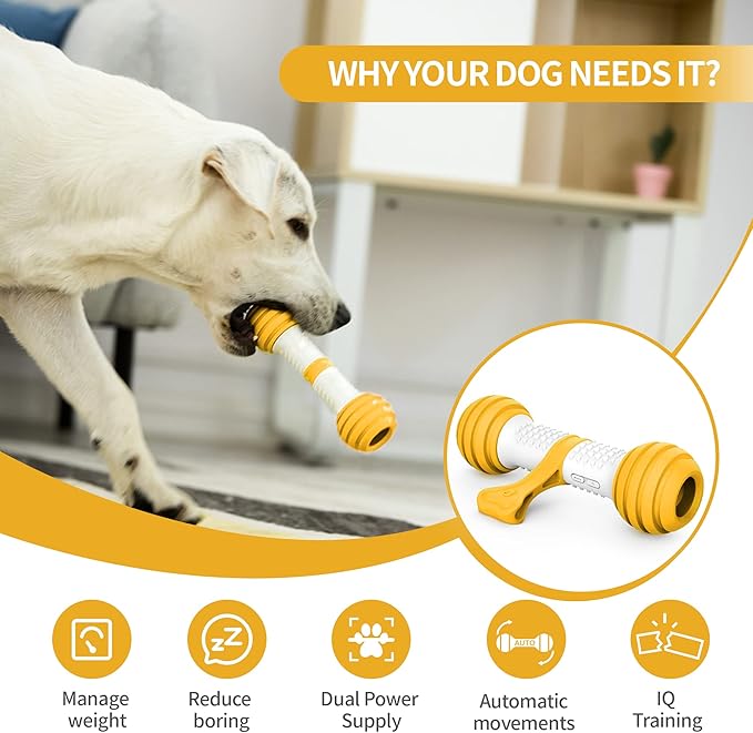 PETGEEK Interactive Dog Toys, Motion Activated Electronic Dog Toy Interactive Dog Bone Toys for Medium Large Dogs, USB Rechargeable Automatic Dog Toy for Boredom and Stimulating (Yellow)